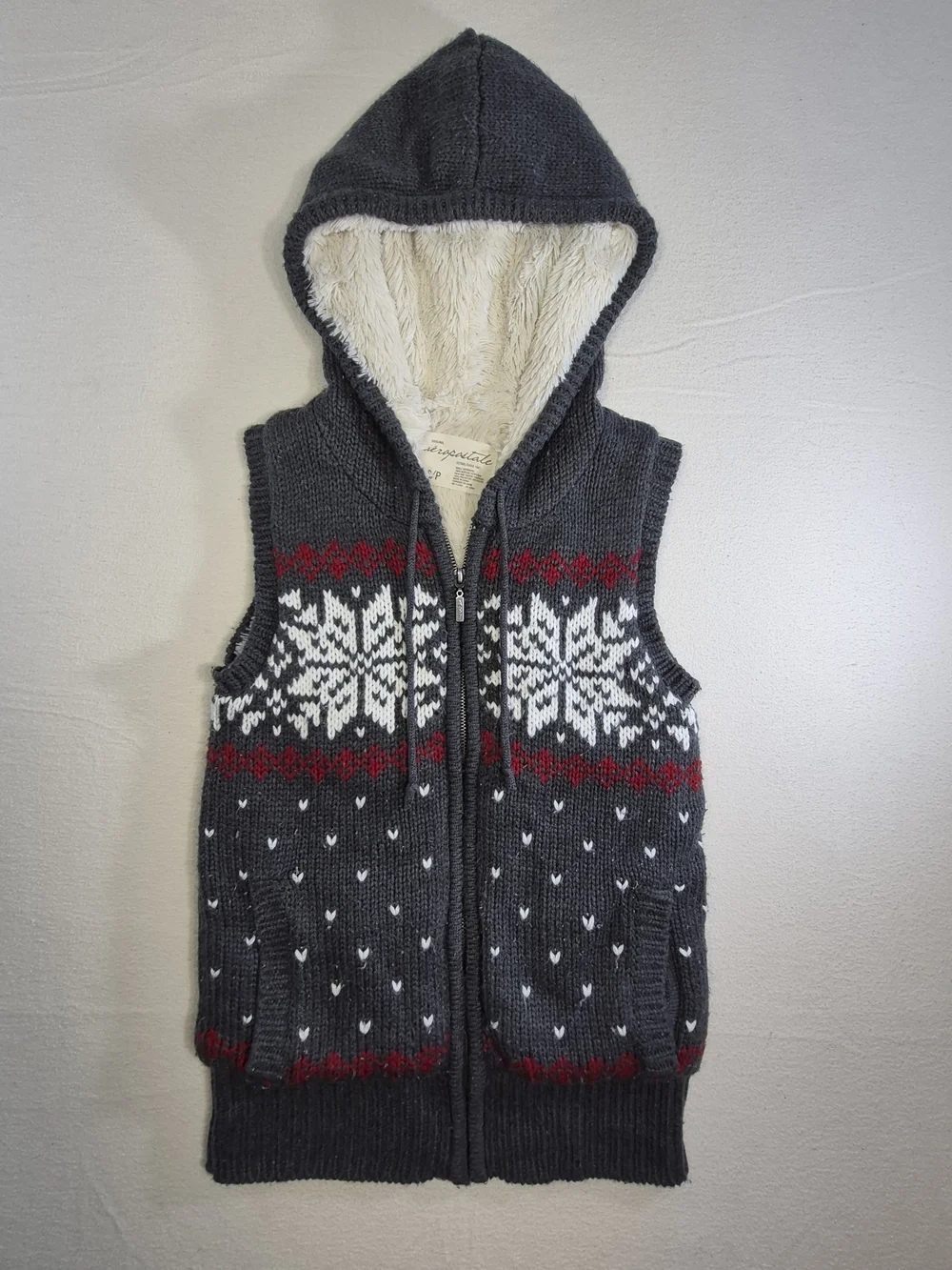 Aeropostale Gray Hooded Zip-Up Sweater Vest with White Snowflake and Red Accents